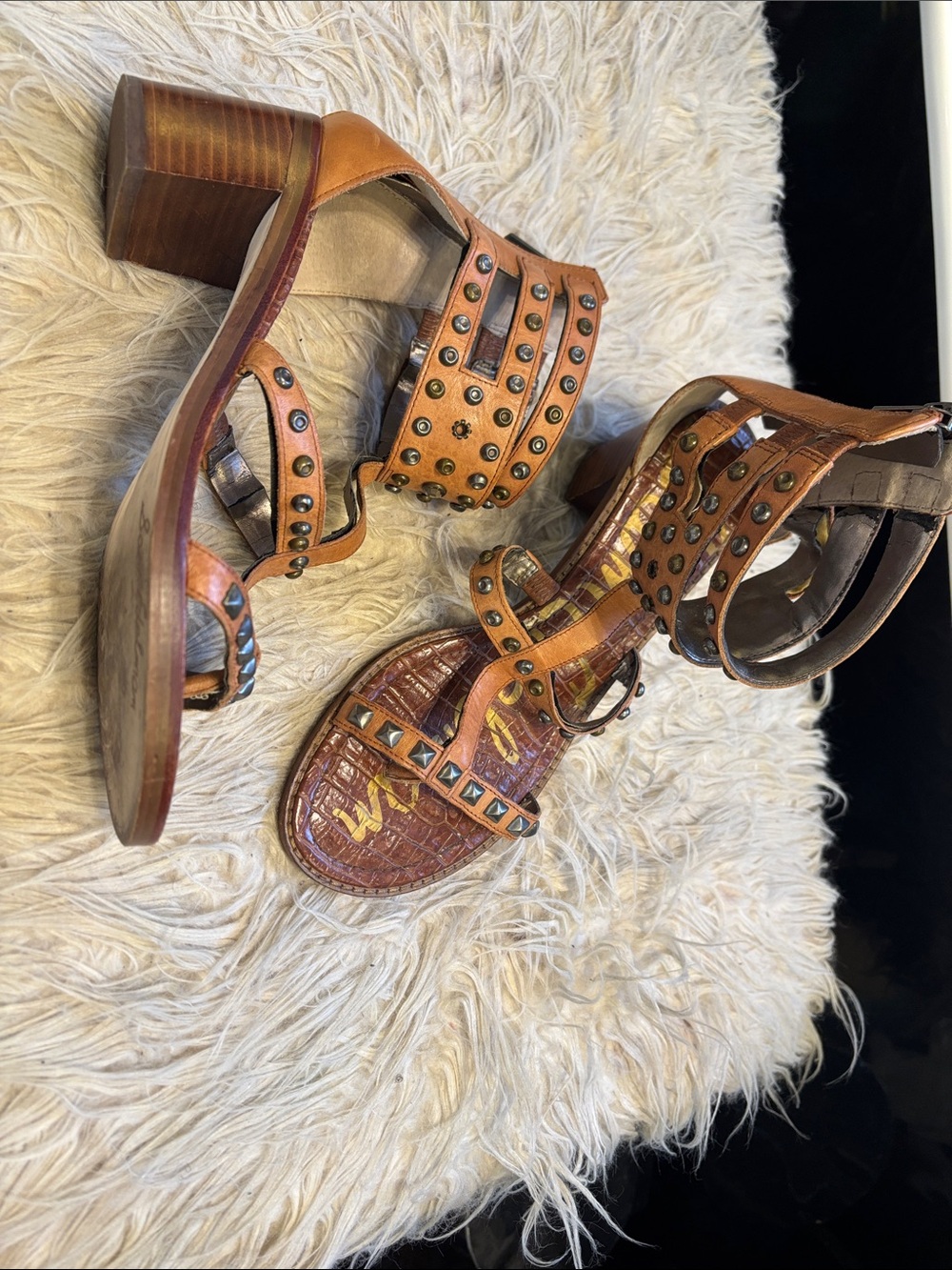 Sam Edelman Tan Studded Leather Block Heel Sandals